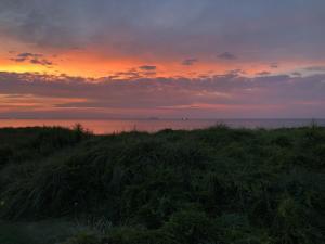 a sunset over the ocean with a field of grass at Beach Front on the Bay in our Rustic, Pet Friendly Cottage home in North Camellia Acres