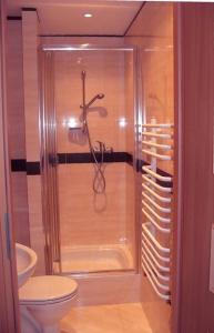 a bathroom with a shower and a toilet at Apartamenty Kubalonka in Istebna