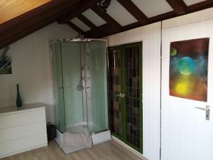 a bathroom with a shower with a glass door at Casa Libra in Düsseldorf