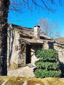 una pequeña casa de piedra con una ventana y un arbusto en Casa da Fonte - Branda da Aveleira, en Melgaço