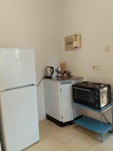 La cuisine est équipée d'un réfrigérateur blanc et d'un four micro-ondes. dans l'établissement Plateau Home, à Kasane