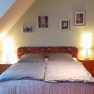 ein Bett mit zwei Kissen darauf in einem Schlafzimmer in der Unterkunft Domblick in Meißen