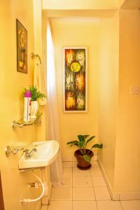 a bathroom with a sink and a painting on the wall at Classic Studio Milimani - Wi-Fi and Parking in Kisumu