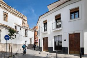 a person riding a bike down a street next to buildings at MonKeys Apartments Alameda House in Seville