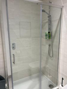 La salle de bains est pourvue d'une douche avec une porte en verre. dans l'établissement 45 Teesra House, à Plymouth