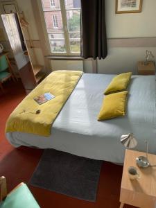 a large bed with yellow pillows in a room at Chambres chez l'habitant Capucine in Honfleur