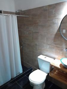 a bathroom with a toilet and a shower curtain at Dpto LUDIM 1 in Federación +6 photos