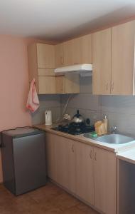 a small kitchen with a stove and a sink at Hostel u Misiów in Suwałki