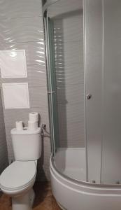 a bathroom with a white toilet and a shower at Hostel u Misiów in Suwałki