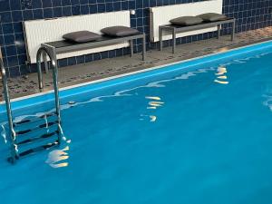 uma piscina com água azul e dois bancos em Berghotel HARZ em Hahnenklee-Bockswiese
