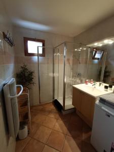 uma casa de banho com um chuveiro, um lavatório e um WC. em Appartement avec terrasse et parking Privé em Aigueblanche