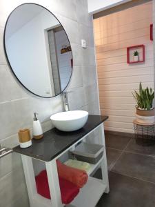 ein Bad mit einem Waschbecken und einem Spiegel in der Unterkunft la caz à David in Trois Bassins