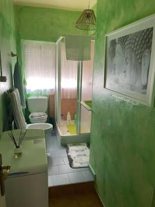 a small bathroom with a toilet and a green wall at Encantador apartamento acogedor in Tarifa