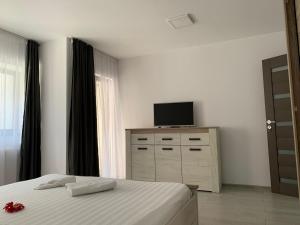 una camera da letto con un letto e un televisore su un comò di Cazare bloc nou ultracentral a Râmnicu Vâlcea