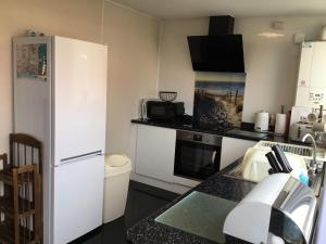 La cuisine est équipée d'un réfrigérateur blanc et d'un évier. dans l'établissement 88 southshore holiday village, à Bridlington