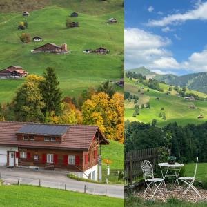 een collage van drie foto's van een veld en een huis bij Engel Ingold Lodge Chalet "Bärgblümli" in Habkern