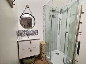 une salle de bains avec douche, lavabo et miroir dans l'établissement Cosy Break Jardins des plantes, au Mans