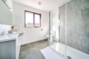 a bathroom with a shower and a sink and a toilet at Venn Down Lakes in Boscastle