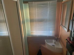 a bathroom with a sink and a window with blinds at RBR 546 - Beach Resort Kamperland in Kamperland