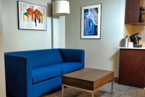 a living room with a blue couch and a coffee table at Holiday Inn Express Hotel & Suites Tampa-Oldsmar, an IHG Hotel in Oldsmar