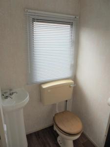 a bathroom with a toilet and a sink and a window at 6 Berth on Coral Beach (Carnaby Siesta) in Ingoldmells