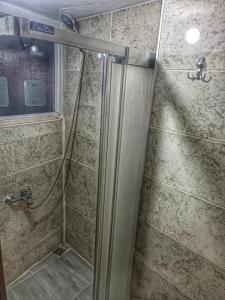 La salle de bains est pourvue d'une douche avec une porte en verre. dans l'établissement Taksim History Wooden Hostel, à Istanbul