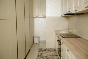 Una pequeña cocina con gabinetes blancos y un fregadero. en Kruzer centar, en Nikšić