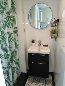 łazienka z umywalką i lustrem w obiekcie Charmant logement Guidel Plage, chambre vue mer, piscine chauffée w mieście Guidel