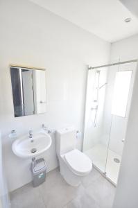 La salle de bains est pourvue de toilettes, d'un lavabo et d'une douche. dans l'établissement Modern Apartments Close to the Sea, à Il-Gżira