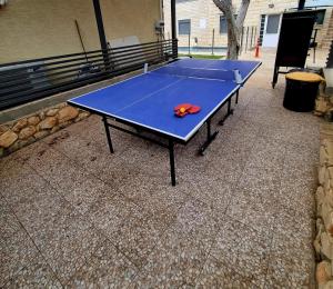 un tavolo da ping pong blu, seduto su un patio di אחוזת רזים - Villa Razim a Safed