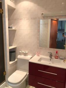 La salle de bains est pourvue de toilettes, d'un lavabo et d'un miroir. dans l'établissement Croisette immo Beau studio sur la Croisette, à Cannes