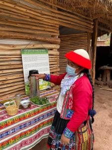Eine Frau mit einer Maske, die vor einem Tisch steht. in der Unterkunft Casa familiar comunidad nativa ccaccaccollo in Cusco