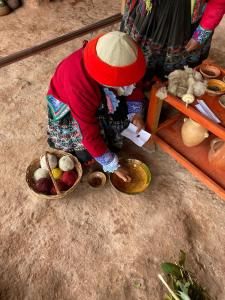Eine Frau, die einen Hut trägt, neben Obstkörben sitzt. in der Unterkunft Casa familiar comunidad nativa ccaccaccollo in Cusco
