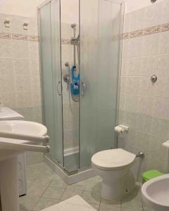 une salle de bain avec une douche, des toilettes et un lavabo dans l'établissement Apt con portico privato vicino Cagliari Airport, à Assemini