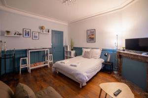 een slaapkamer met een bed, een tv en een open haard bij LA BELLE VIE - Appartement cosy au centre-ville in Auxerre