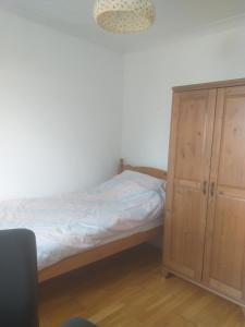 1 dormitorio con 1 cama y armario de madera en Large double room or single room with shared bathroom, en Ash