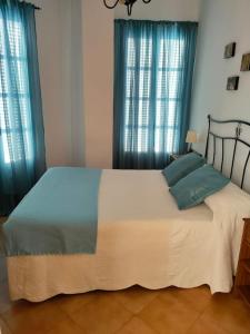 1 dormitorio con 1 cama grande y cortinas azules en Apartamento Plaza de San Bernardo 4, en Sevilla