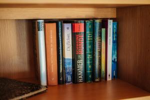 eine Reihe von Büchern auf einem Bücherregal in der Unterkunft Bergschwalbe St. Andreasberg in Sankt Andreasberg