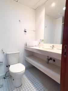 a bathroom with a toilet and a sink and a mirror at Iguatemi Business & Flat in Salvador