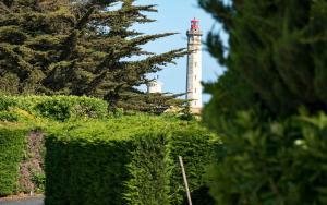 een vuurtoren in de verte met een heg en bomen bij Camping Les Perouses in Saint-Clément-des-Baleines