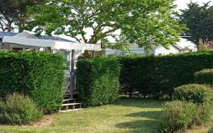 a garden with a house behind some bushes at Camping Les Perouses in Saint-Clément-des-Baleines