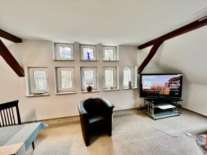 a living room with a flat screen tv and windows at Ferienwohnung im Heidepark in Dessau