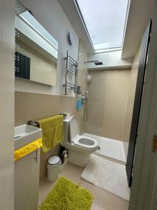 a bathroom with a toilet and a sink and a mirror at Sheri's Home away in Hither Green