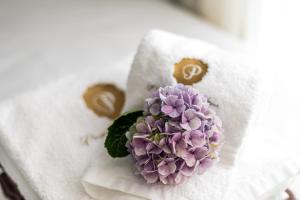 una flor púrpura sentada encima de una toalla blanca en Guest House Passal - São Miguel Studio en Ponta Delgada