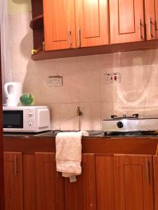 a kitchen with wooden cabinets and a counter top at Elegant 1br Milimani - Fast Wifi in Kisumu