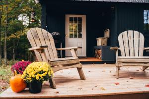 two chairs and a pumpkin and a vase of flowers on a porch at Mountain Brook Cabin in Bovina Center