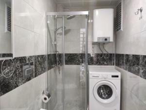 a bathroom with a washing machine and a shower at Denizolgun Homes Tenim Suit Apart 3 in Dalaman