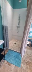 a bathroom with a shower with a shower curtain at Les cabanons de l'Oliveraie in Pernes-les-Fontaines +8 photos