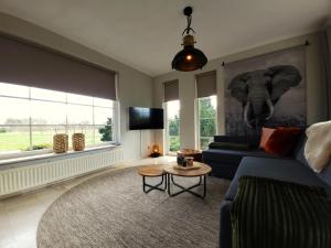 a living room with a blue couch and an elephant picture at Secret Wellness Lonneker in Enschede