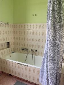 a bath tub in a bathroom with a shower curtain at Vintage Rooms in Old Town in Krakow